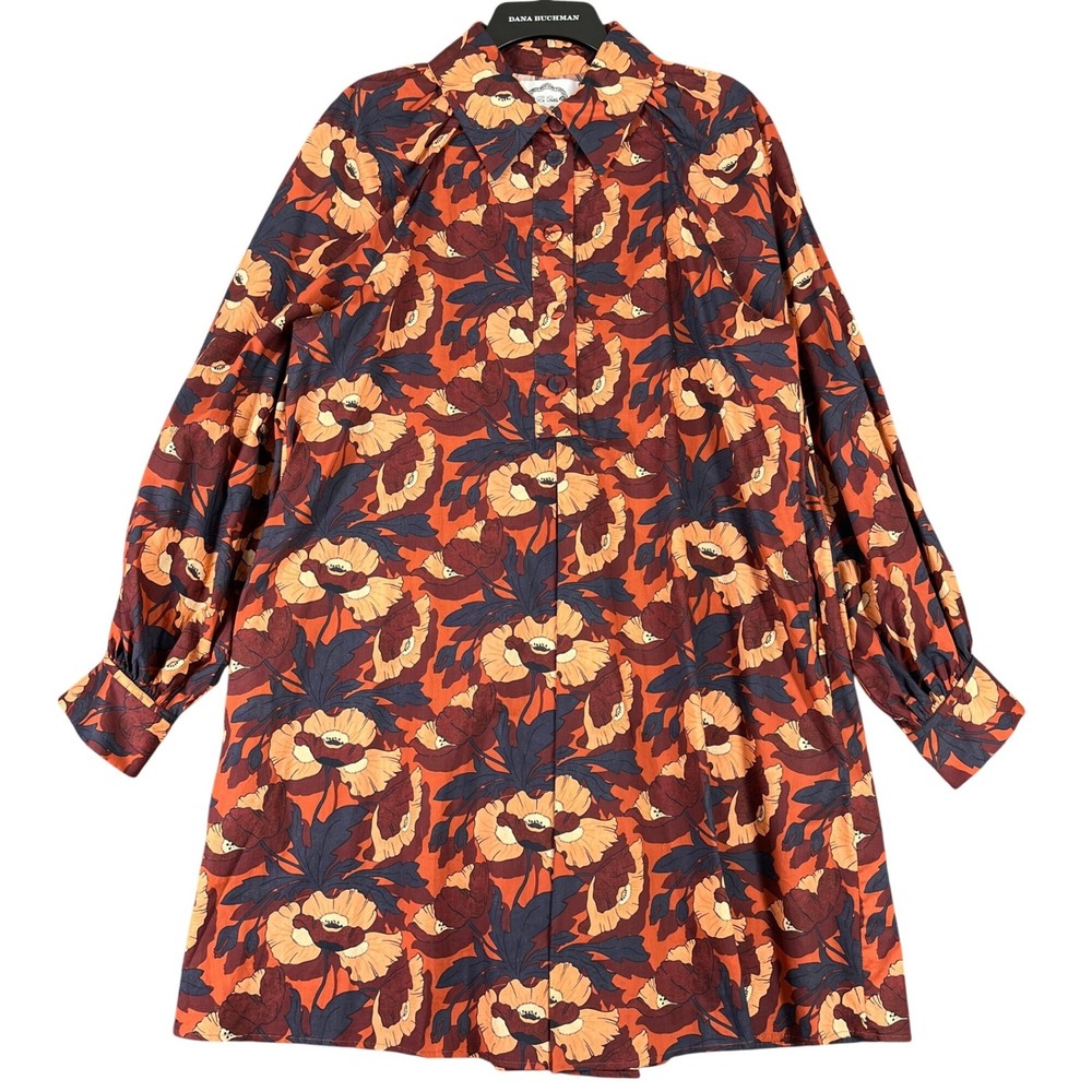 Evi Grintela Cotton Floral Long Sleeve‎ Button Front Shirt Dress Orange L Womens
